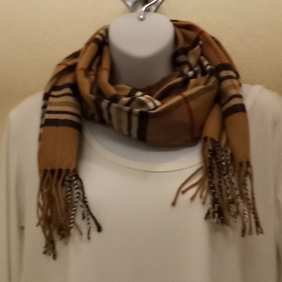 Camel Plaid Pashmina Cashmere Feel Scarf - Picture 12 of 15